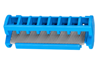 Guide Bar Dresser. Top view of a blue plastic component with metal teeth, possibly for construction or gardening.
