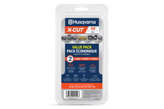Packaging of Husqvarna X-Cut 14-inch chainsaw chains, value pack with two chains.