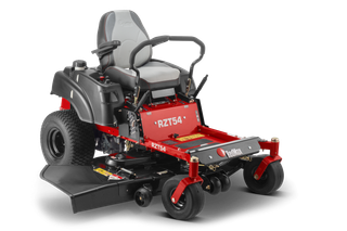 Front view of a zero-turn lawn mower with a comfortable seat and wide cutting deck.