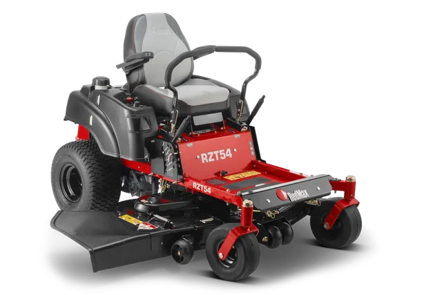 RedMax RZT54. Front view of a zero-turn lawn mower with a comfortable seat and wide cutting deck.