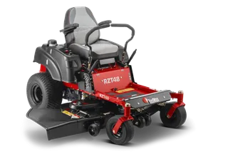 Front view of a RedMax RZT48 ride-on mower with cutting deck.