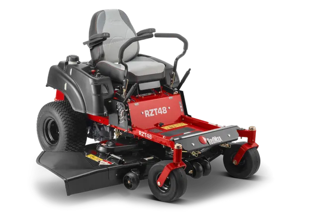 Front view of a RedMax RZT48 ride-on mower with cutting deck.