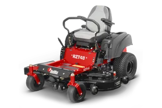 Front view of a RedMax RZT48 zero-turn lawn mower with a seat and control handles.