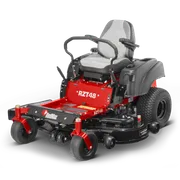 Front view of a RedMax RZT48 zero-turn lawn mower with a seat and control handles.