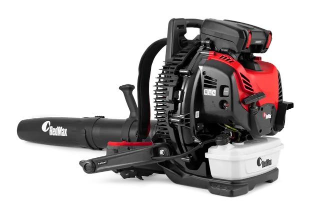 EBZ9000. Side view of a RedMax backpack leaf blower showcasing its engine and fuel tank.