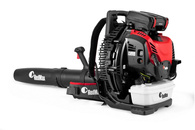 EBZ9000-RH. Side view of a RedMax backpack leaf blower with visible fuel tank and controls.
