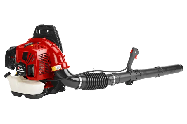 Side view of a leaf blower with ergonomic handle and fuel tank.