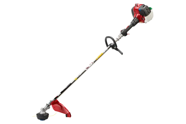 Side view of a string trimmer with a long shaft and ergonomic handle.