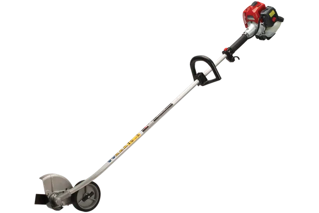 RedMax HEZ230F. Side view of a garden edger with a handle and wheel for precision cutting.