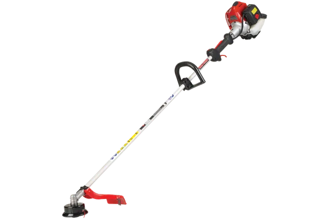 Side view of a gas-powered string trimmer with ergonomic handle and curved shaft.