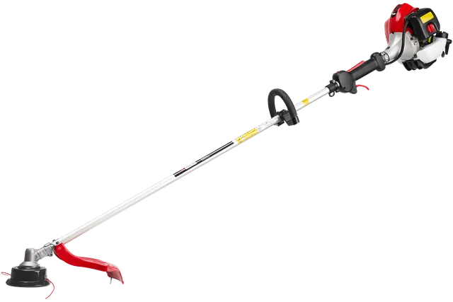Side view of a string trimmer with a long shaft and ergonomic handle.
