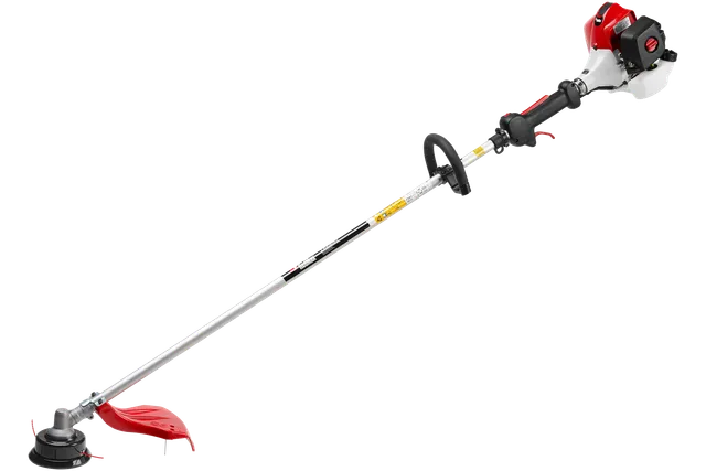 Side view of a string trimmer with ergonomic handle and protective guard.