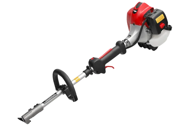 Side view of a handheld garden tool with ergonomic handle and engine.