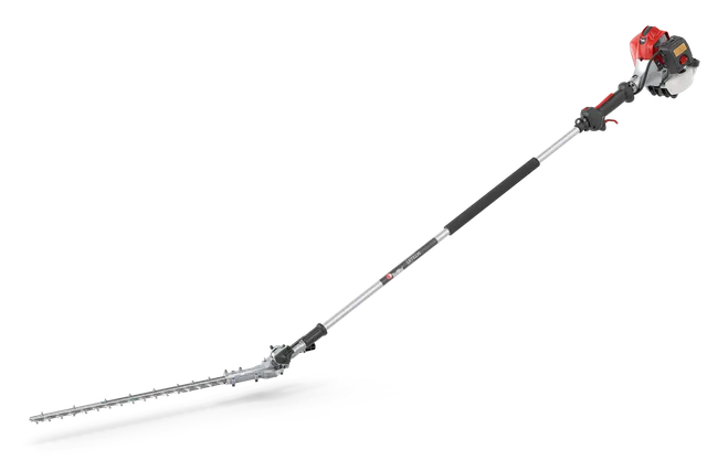 Side view of a long-reach hedge trimmer with an extended shaft.
