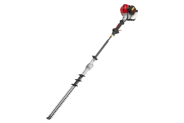 Redmax SRTZ260F. Side view of a pole hedge trimmer with an extended cutting blade.
