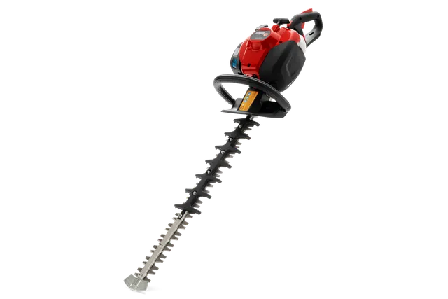 Side view of a hedge trimmer with a long cutting blade.