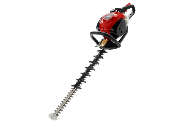 Side view of a hedge trimmer with a long cutting blade.