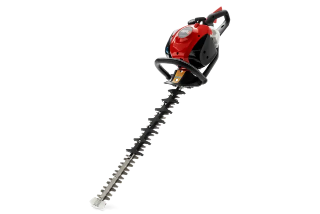 Side view of a hedge trimmer with a long cutting blade.