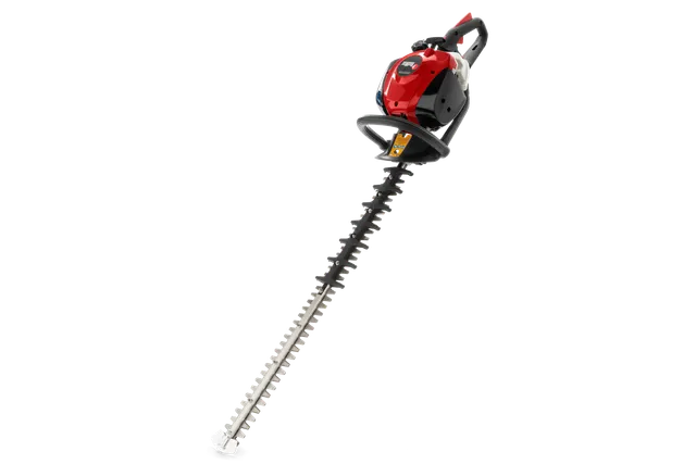 Side view of a hedge trimmer with a long cutting blade.