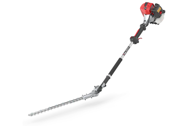 Side view of a pole hedge trimmer with an extended blade.
