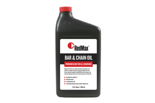 Front view of a RedMax bar and chain oil bottle for chainsaws.