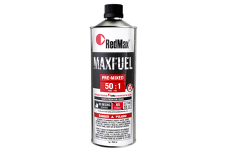 Front view of a RedMax MaxFuel pre-mixed fuel and oil canister with safety warnings.