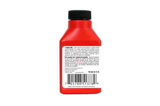 MAXPRO 2-Stroke Oil. Rear view of a fuel additive bottle with usage instructions and safety warnings.