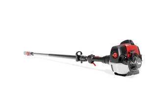 Side view of a pole saw with a long reach and visible engine compartment.