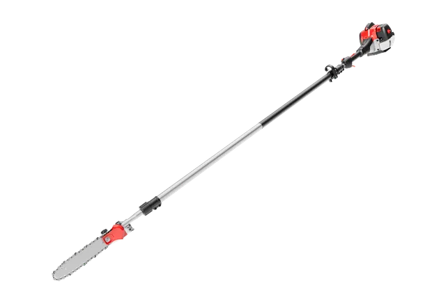 Studio image of a long-handled pole saw with a chainsaw attachment.