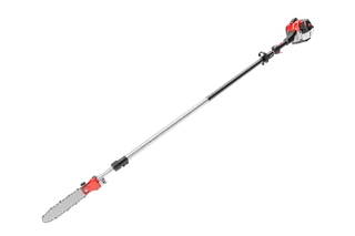 Studio image of a long-handled pole saw with a chainsaw attachment.