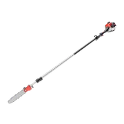 Studio image of a long-handled pole saw with a chainsaw attachment.