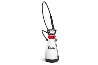 2 Gallon Battery Handheld Sprayer. Front view of a RedMax garden sprayer with a long nozzle and handle.