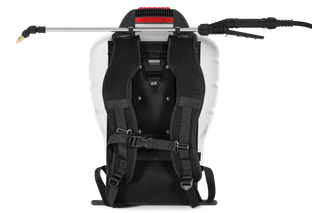 Rear view of a backpack sprayer with adjustable straps and a spray wand.