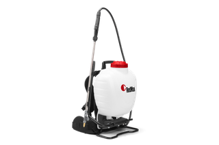 4 Gallon Backpack Sprayer. Side view of a RedMax backpack sprayer with a hose and nozzle.