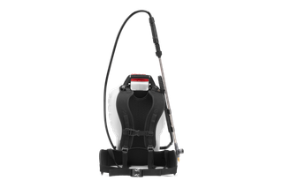 4 Gallon Backpack Sprayer. Rear view of a backpack sprayer with adjustable straps and a long spray wand.