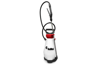 Front view of a RedMax garden sprayer with hose and nozzle.