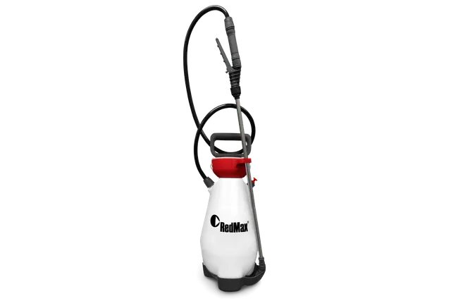 Front view of a RedMax garden sprayer with hose and nozzle.