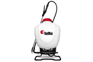 4 Gallon Backpack Sprayer. Front view of a RedMax backpack sprayer with a hose and nozzle.