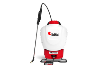 Front view of a RedMax backpack sprayer with a long nozzle attachment.