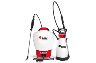 Front view of two RedMax sprayers with adjustable nozzles and ergonomic handles.