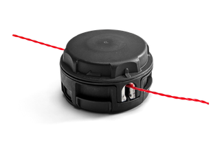 Front view of a trimmer head with red trimmer line extending from both sides.