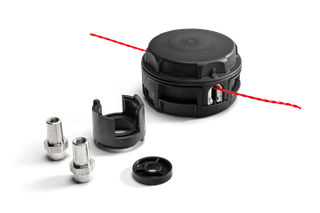 Front view of a trimmer head with line and accompanying components.