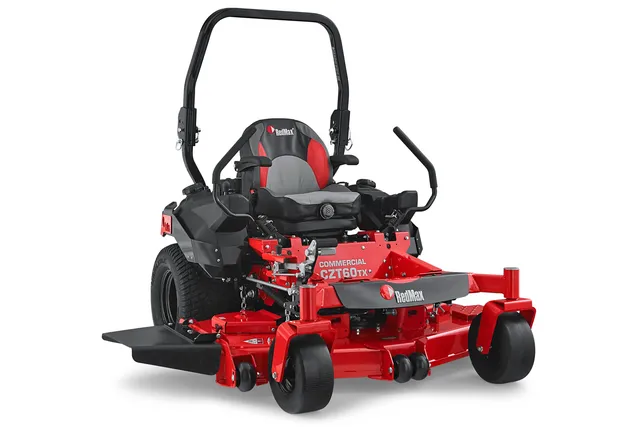 Front view of a RedMax commercial zero-turn mower with cutting deck.