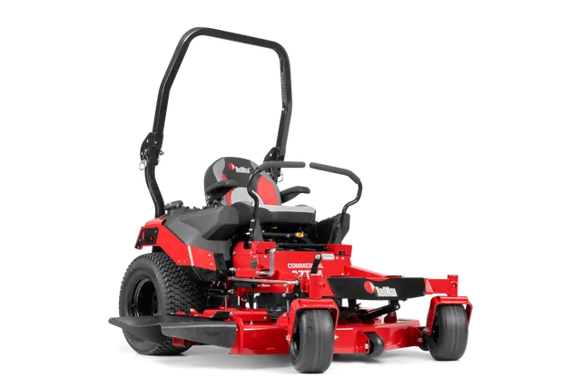 Front view of a commercial ride-on mower with cutting deck.