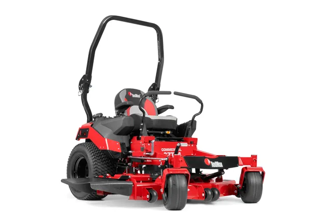Front view of a commercial zero-turn mower with cutting deck.