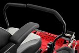 Close-up view of a ride-on mower's steering handles and seat.