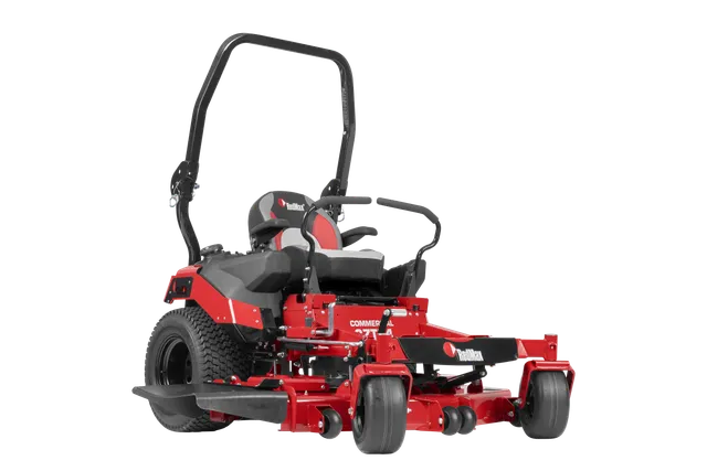 Front view of a commercial zero-turn mower with robust cutting deck.