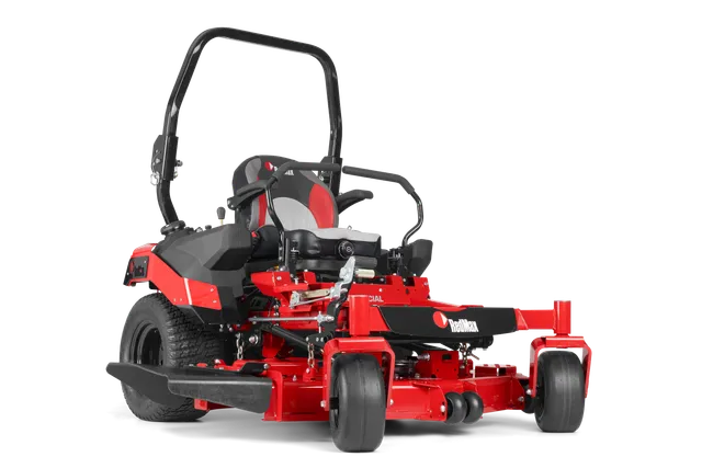 Front view of a RedMax zero-turn lawn mower with a roll-over protection system.