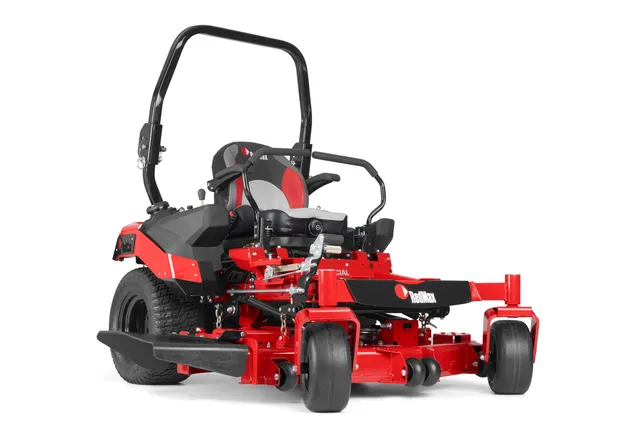 Front view of a RedMax commercial zero-turn mower with cutting deck.