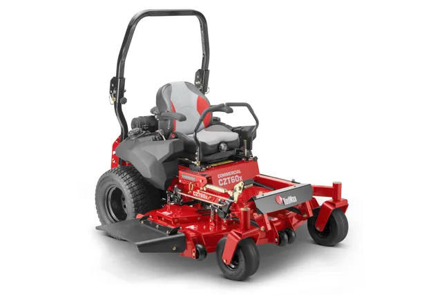 Front view of a commercial zero-turn mower with a robust design.